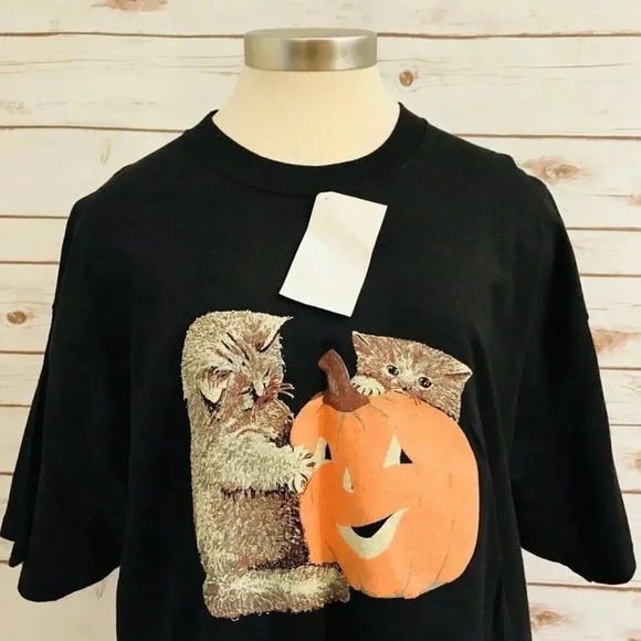 C PORT Women Short Sleeve Extra Large Cotton Cats Jack-O-Lantern Black T-Shirt - Picture 2 of 11